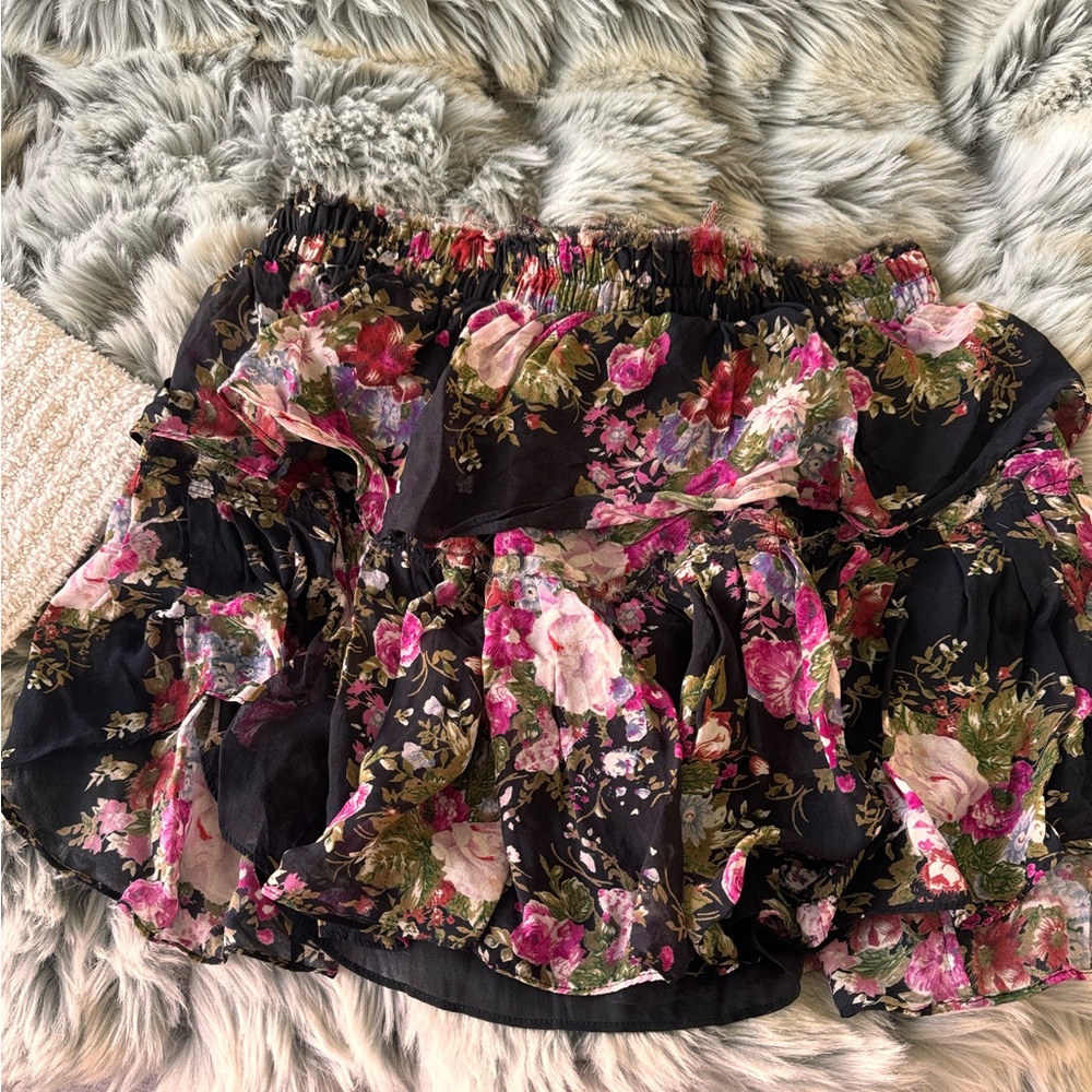 LoveShackFancy Floral Mini Skirt in Black and Pink